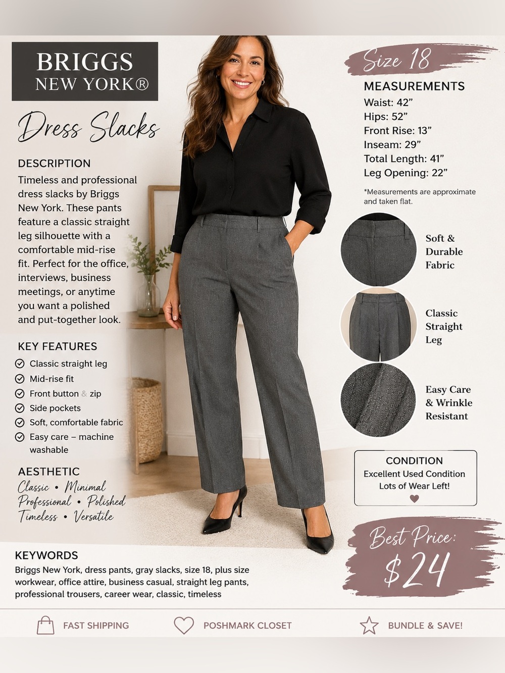 Briggs New York Men's Dark Gray Dress Pants